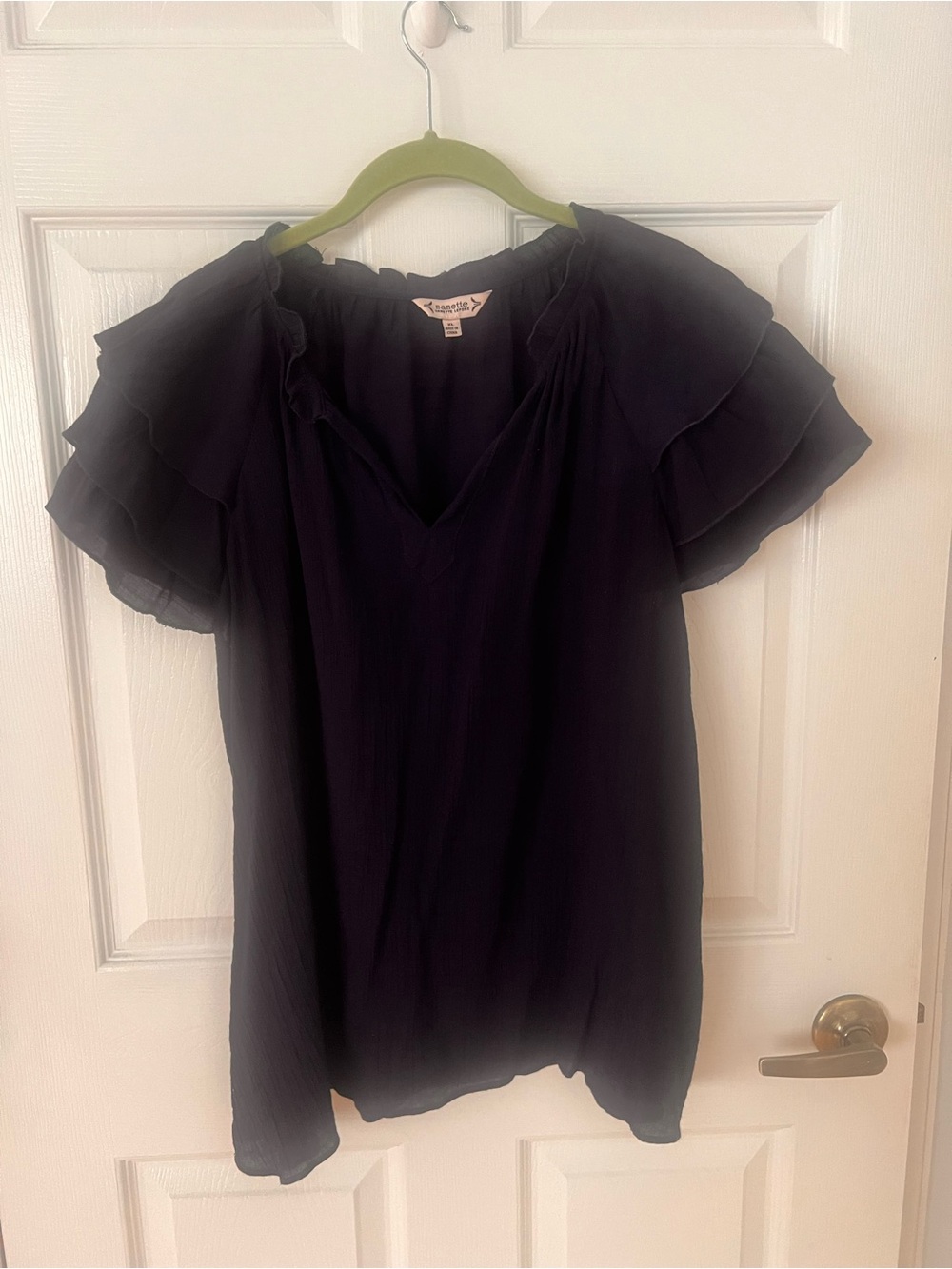 Nannette Navy Ruffle Sleeve V-Neck Blouse XL